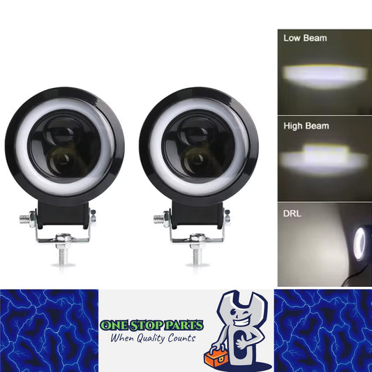 2 x 74mm Round LED Driving Light High/Low Beam and White Halo DRL 20W Work Light