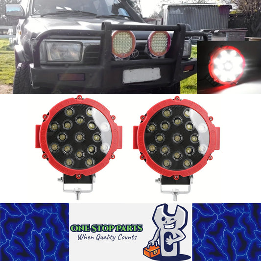 2 x Red Round LED Work Lights 177mm 51W 12-24V 6000K Spot Beam LED Spotlights