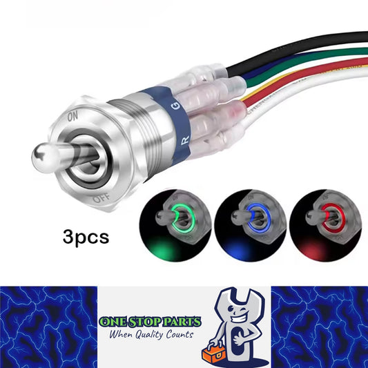 3 x RGB LED Toggle Switch 16mm 12V 24V SPST On/Off IP67 for Car Marine Boat