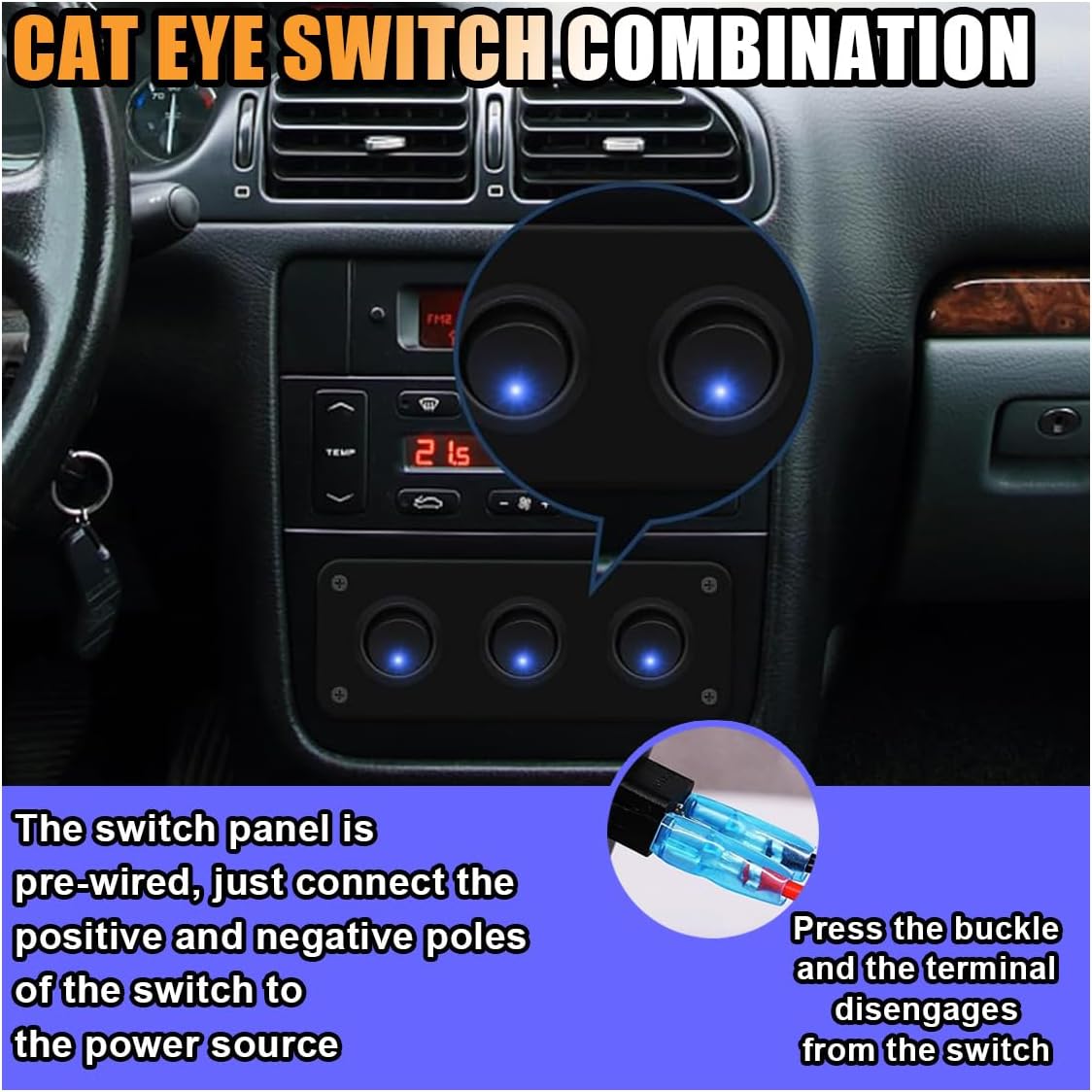 12/24V  3 x Rocker Button Switches on Panel with Blue LED Pre Wired with Screws