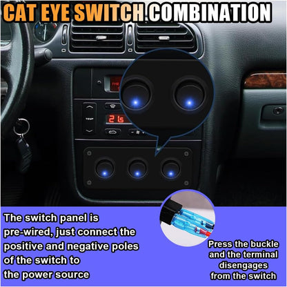 12/24V  3 x Rocker Button Switches on Panel with Blue LED Pre Wired with Screws