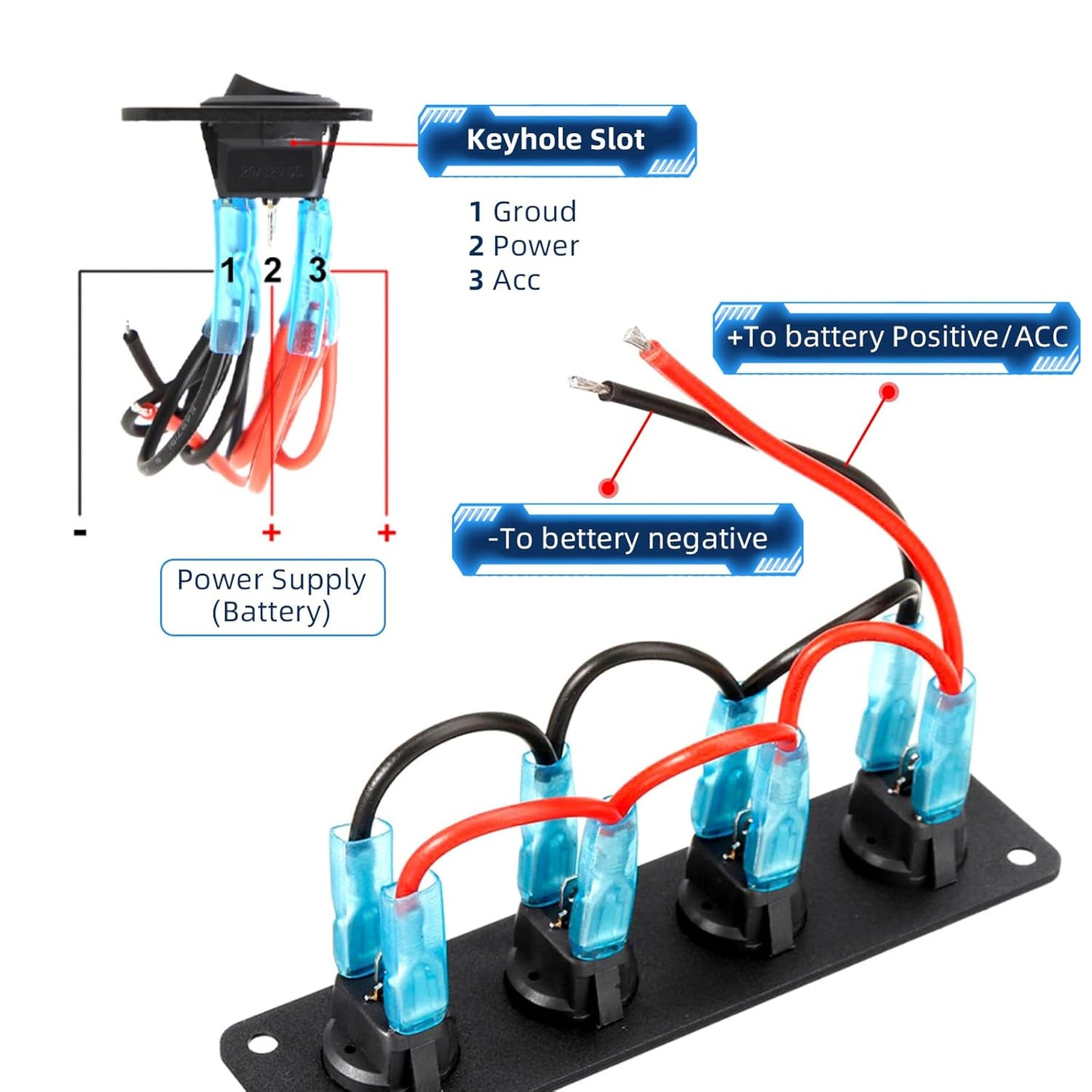 12/24V  3 x Rocker Button Switches on Panel with Blue LED Pre Wired with Screws
