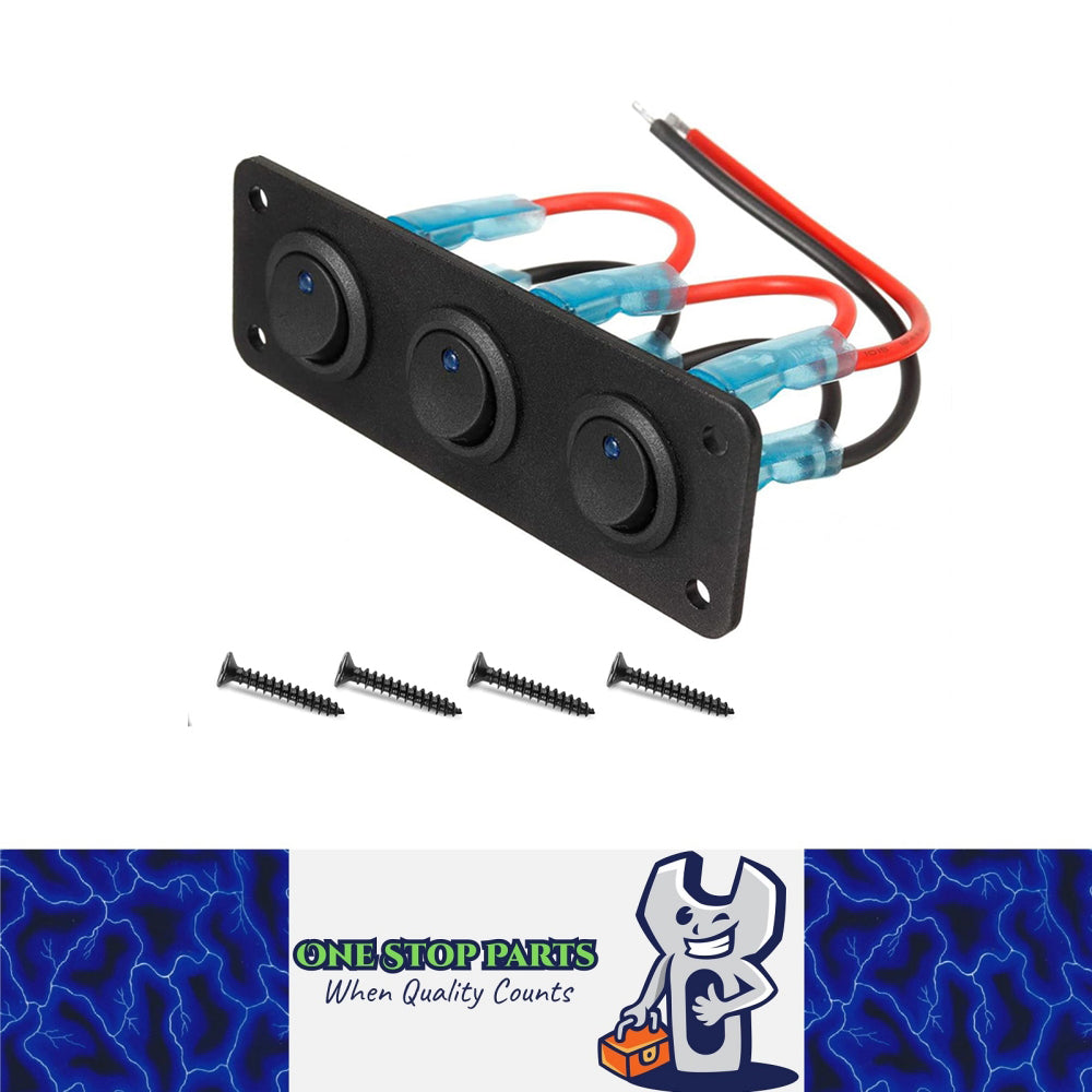 12/24V  3 x Rocker Button Switches on Panel with Blue LED Pre Wired with Screws