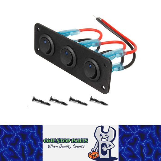 12/24V  3 x Rocker Button Switches on Panel with Blue LED Pre Wired with Screws