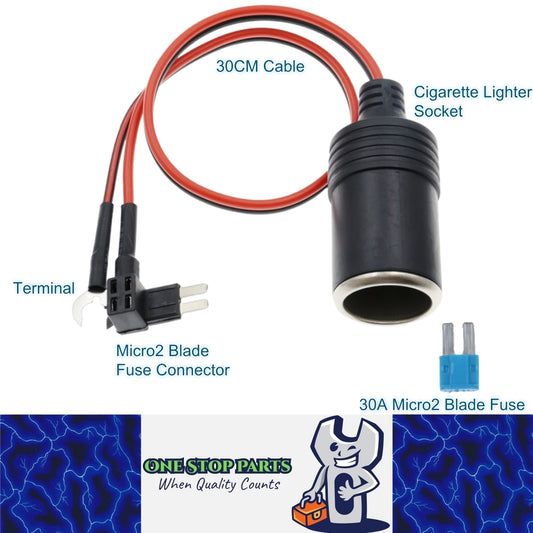 Micro2 Blade fuse Connector Cigarette Lighter Socket Adapter 30CM Cable 30A Fuse