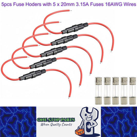 5 x Inline Glass Fuse Holders with 5mm x 20mm Long 3.15A Fuses 16 AWG Wires