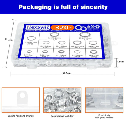 320pcs Aluminum Flat Washers Assortment Kits 12 Sizes M5-M20 Crush Washers