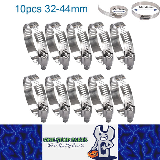 10 x 32-44mm Strong Stainless Steel Hose Clamps wide 8mm x 0.3mm Thick (10pcs)