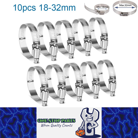 10 x 18-32mm Strong Stainless Steel Hose Clamps wide 8mm x 0.3mm Thick (10pcs)