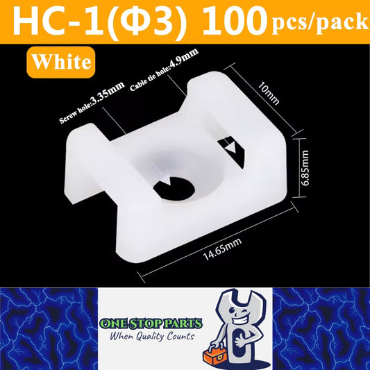 100 X White Cable tie Mounts Plastic 3.35mm Centre screw or pop rivet base