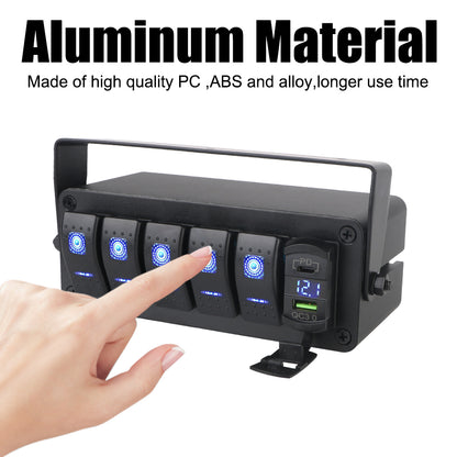 5 Gang Rocker Switch Panel Rotate Box with PD + QC3.0 USB Outlet and Voltmeter