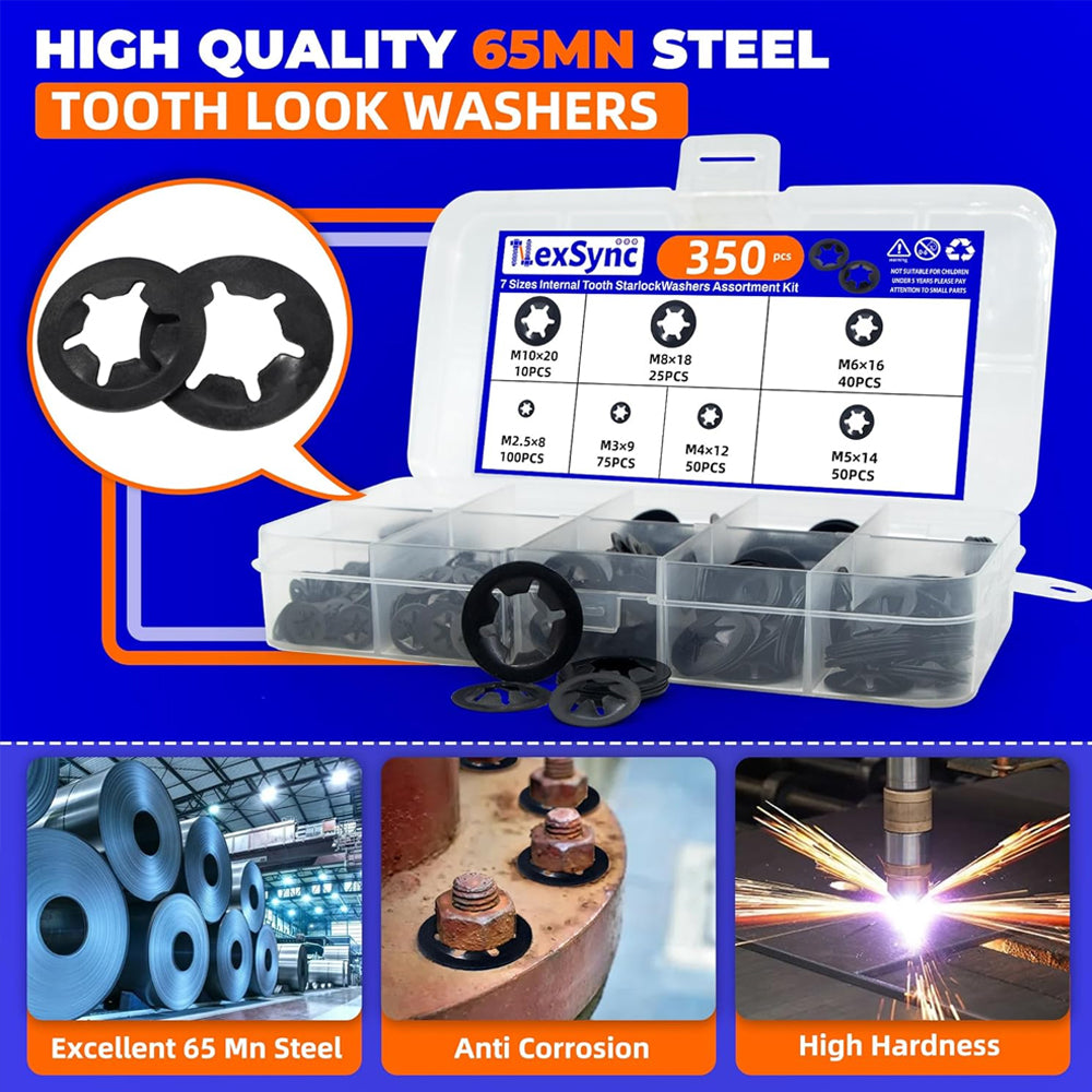 350pcs Internal Tooth Star Lock Washers M2.5/3/4/5/6/8/10 Push On Speed Clips