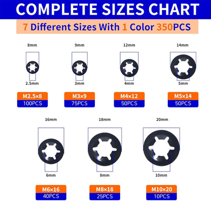 350pcs Internal Tooth Star Lock Washers M2.5/3/4/5/6/8/10 Push On Speed Clips