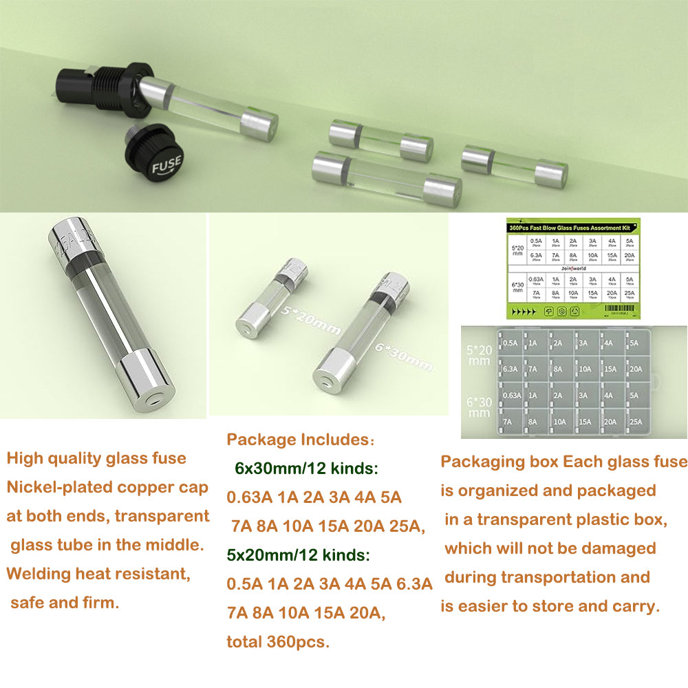 360pcs Glass Fuses Kit 24 Values 250V 0.5A-25A 5x20mm 6x30mm Car Glass Fuses