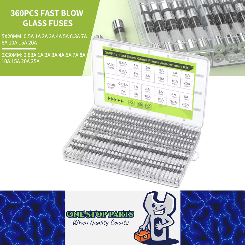 360pcs Glass Fuses Kit 24 Values 250V 0.5A-25A 5x20mm 6x30mm Car Glass Fuses
