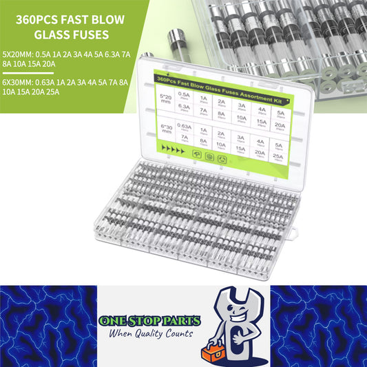 360pcs Glass Fuses Kit 24 Values 250V 0.5A-25A 5x20mm 6x30mm Car Glass Fuses