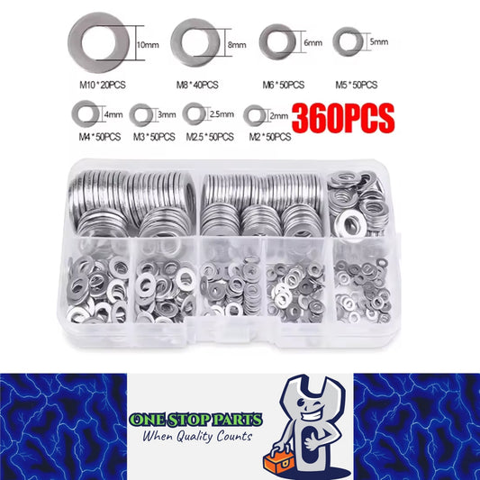 360pcs Stainless Steel Washer Assortment Kits M2-M12 Metal Screw Flat Washer
