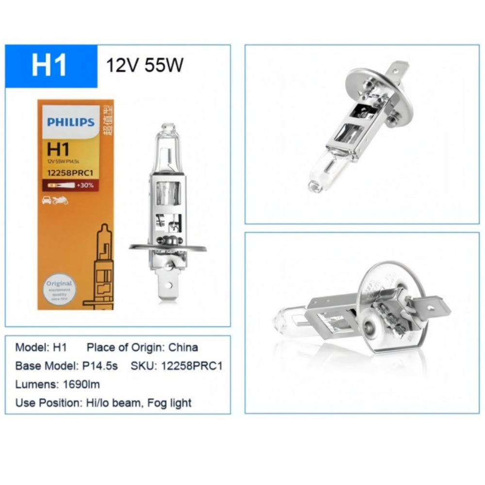 2 x PHILIPS H1 12V 55W Super Bright Halogen Clear Globes 3200k Original (2pcs)