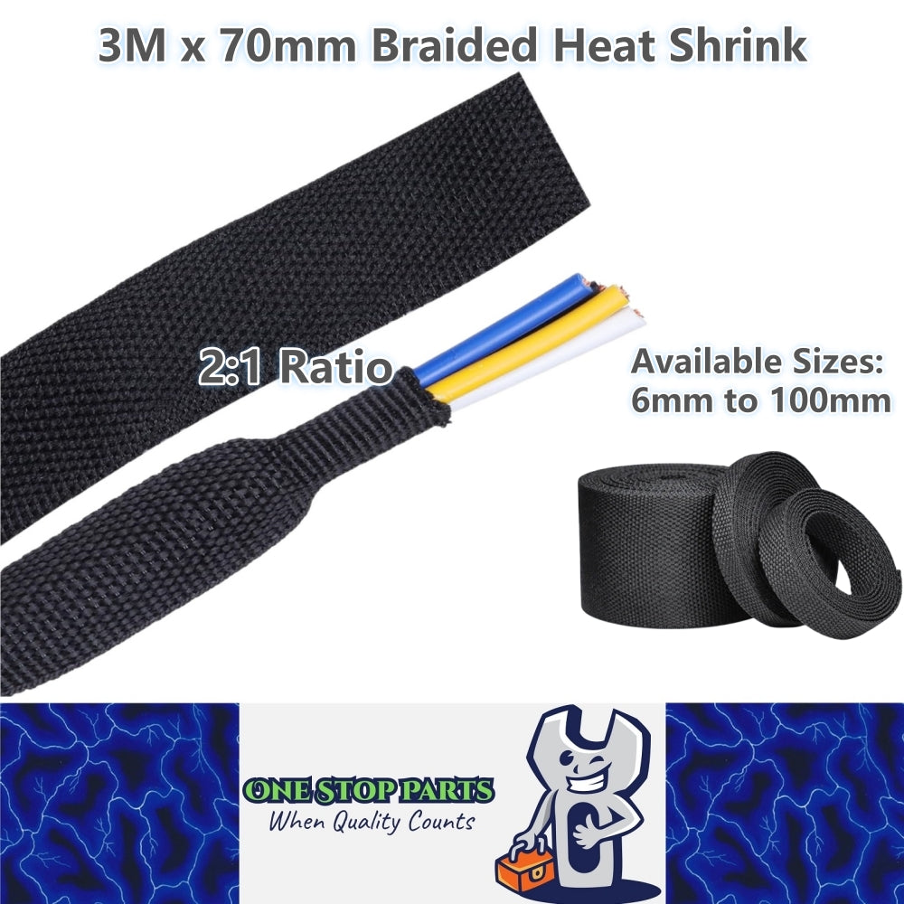 3M x 70mm 2:1 Black Heat Shrink Braided Sleeve Shrink 70mm to 35mm heat shrink