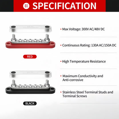 M6 Bus Bar 12V-48V 150A Power Distribution Block 2xM6 Posts Studs 5xM4 Terminals