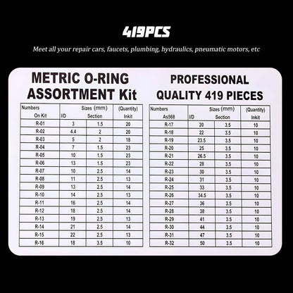419pcs O Ring Kit Rubber Seals 32 Sizes O Rings Gaskets Sealing with 4 Hooks