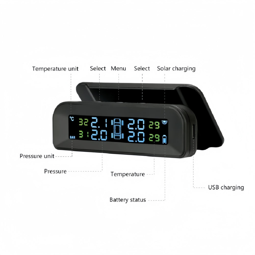 Tyre Pressure Monitoring System Car USB Solar Tyre Alarm With 4 External Sensors