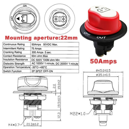 12V 50Amp Isolator Switch Battery Disconnect Switch for Motorbike Car Boat RV