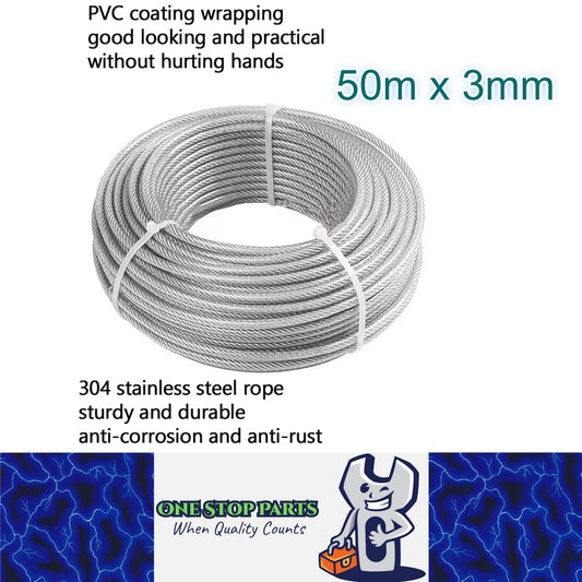 50m x 3mm 304 Stainless Steel Cable Rope PVC Coated Heavy Duty Wire Cable Rope