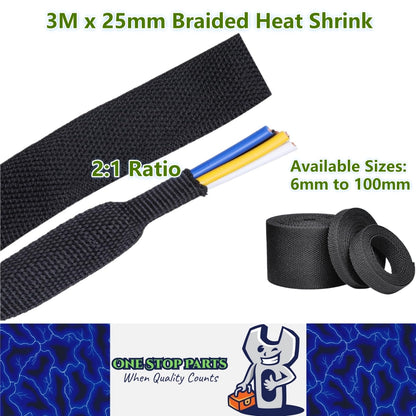 3M x 25mm 2:1 Black Heat Shrink Braided Sleeve Shrink 25mm to 12.5mm Sleeve