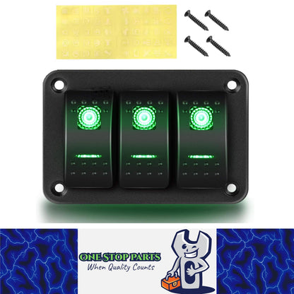 Pre Wired 3 Gang Switch Panel Green LED Rocker Switch Panel 12-24V Car Marine