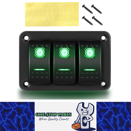 Pre Wired 3 Gang Switch Panel Green LED Rocker Switch Panel 12-24V Car Marine