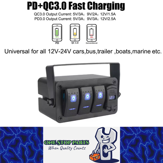 3 Gang Rocker Switch Panel Rotate Box with PD + QC3.0 USB Outlet and Voltmeter