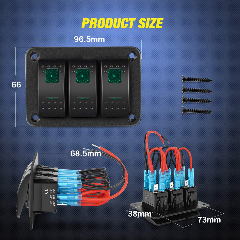 Pre Wired 3 Gang Switch Panel Green LED Rocker Switch Panel 12-24V Car Marine