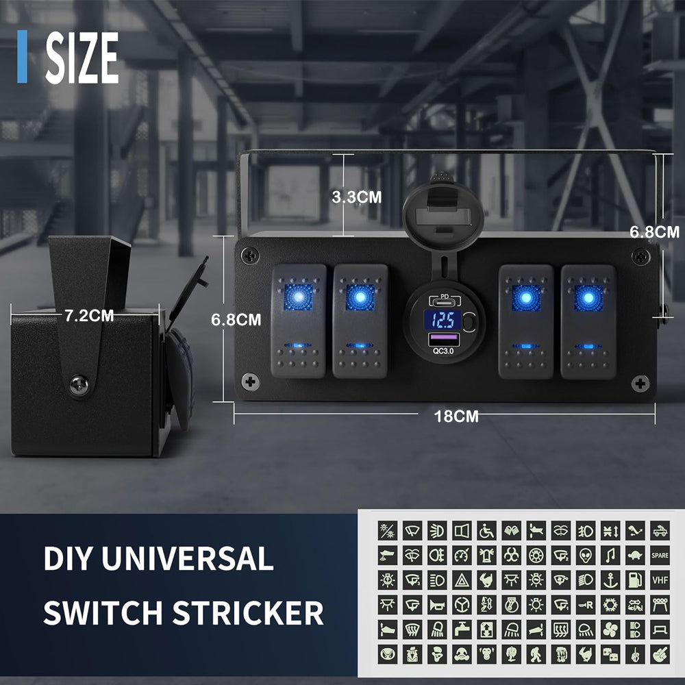 4 Gang Rocker Switch Box Switch Panel with PD + QC3.0 USB Outlet and Voltmeter