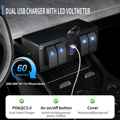 4 Gang Rocker Switch Box Switch Panel with PD + QC3.0 USB Outlet and Voltmeter