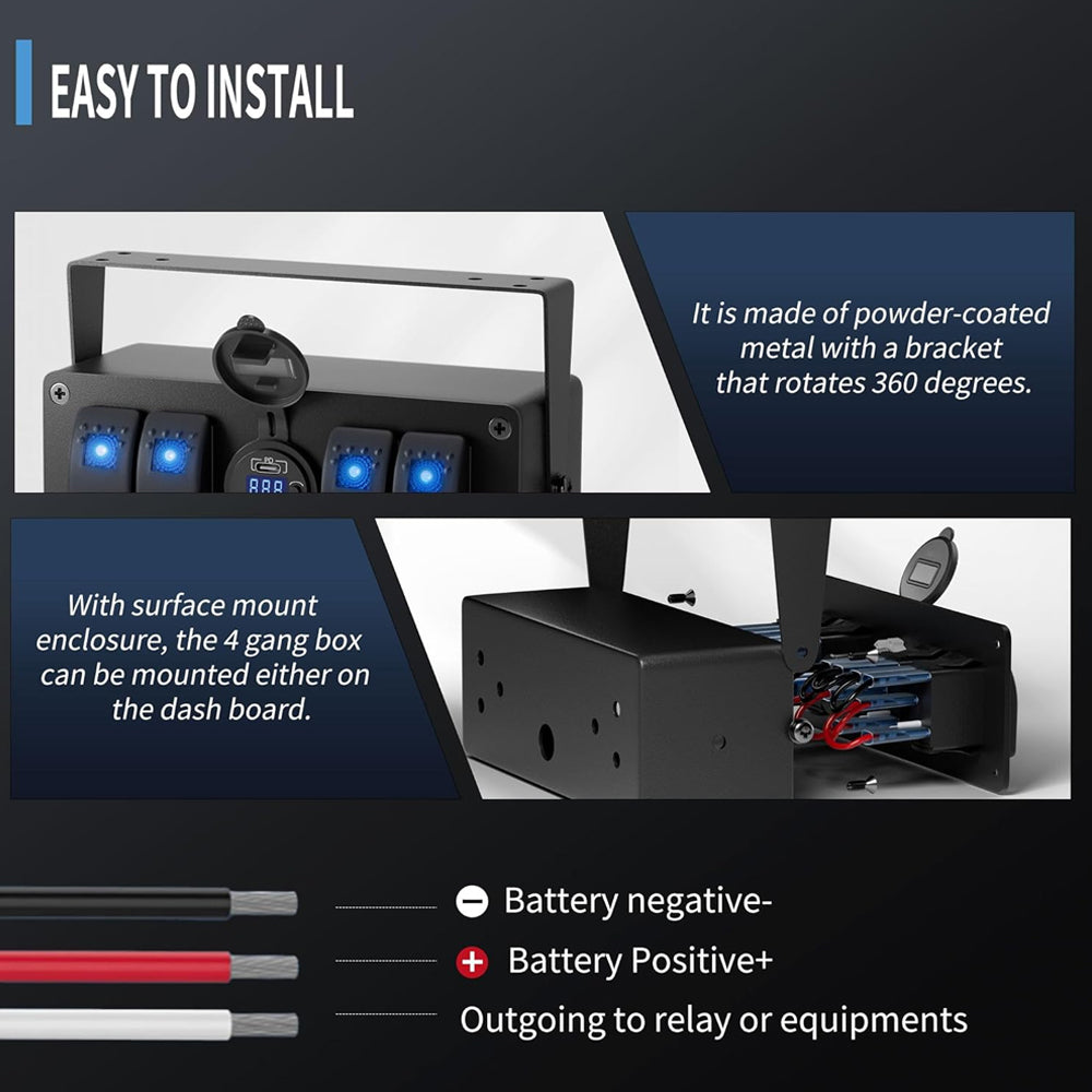 4 Gang Rocker Switch Box Switch Panel with PD + QC3.0 USB Outlet and Voltmeter
