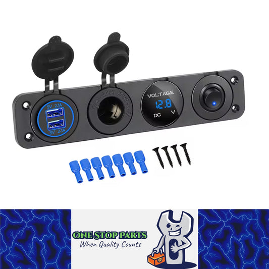 4 in1 Blue LED Switch Panel 12V Dual USB Charger Voltmeter and Power Socket