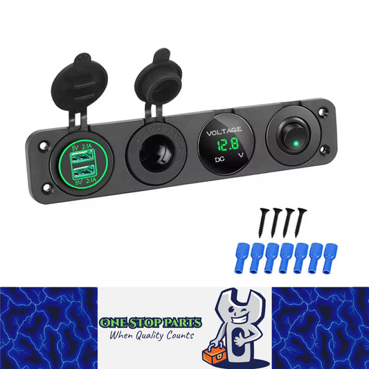 4 in1 Green LED Switch Panel 12V Dual USB Charger Voltmeter and Power Socket