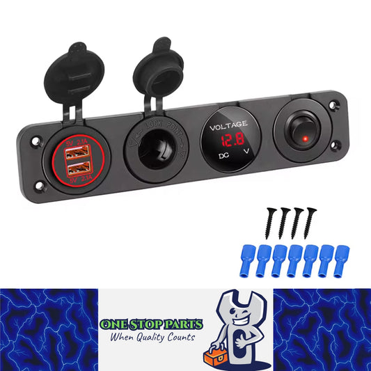 4 in1 Red LED Switch Panel 12V Dual USB Charger Voltmeter and Power Socket