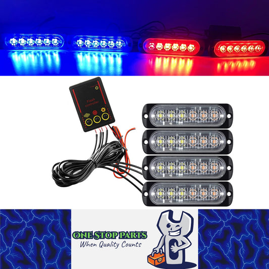4 x LED Front Grille Lights Blue/Red LED Strobe Lights Remote Grill Warning Lamp