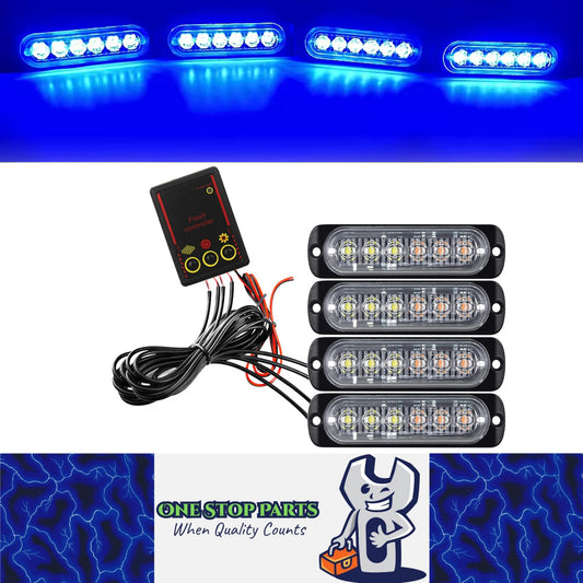 4pcs Car Front LED Grille Lights Blue LED Strobe Light Remote Grill Warning Lamp
