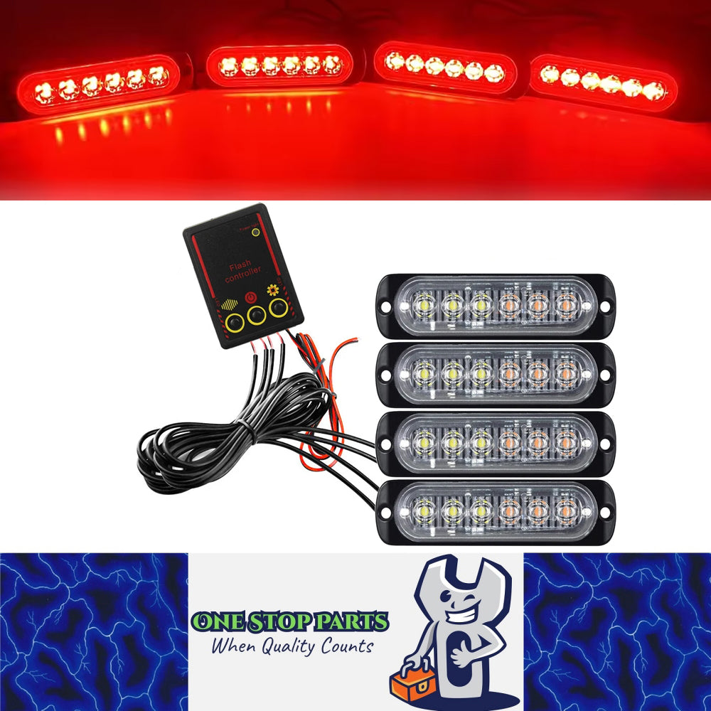 4pcs Car Front LED Grille Lights Red LED Strobe Light Remote Grill Warning Lamp