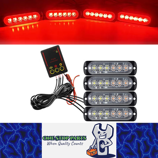 4pcs Car Front LED Grille Lights Red LED Strobe Light Remote Grill Warning Lamp