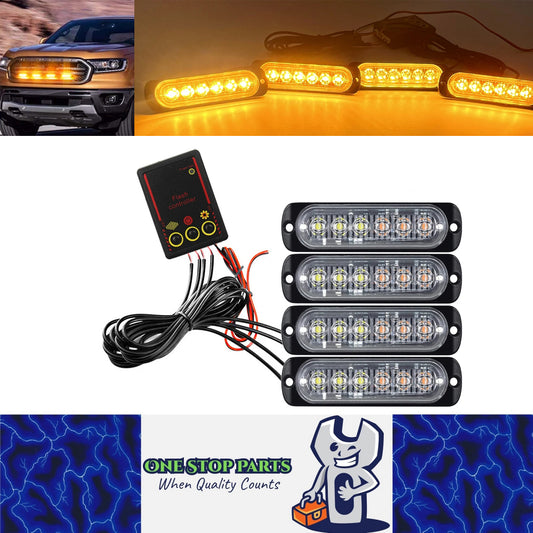 4pcs LED Front Grille Lights Yellow LED Strobe Lights Remote Grill Warning Lamp
