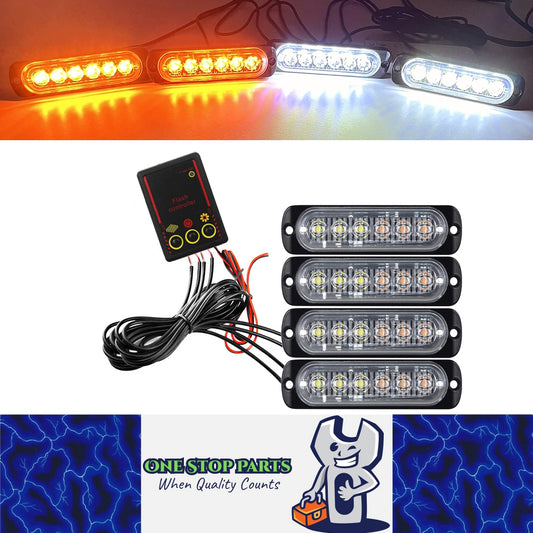 4 x LED Grille Lights Yellow/White LED Strobe Lights Remote Grill Warning Lamp