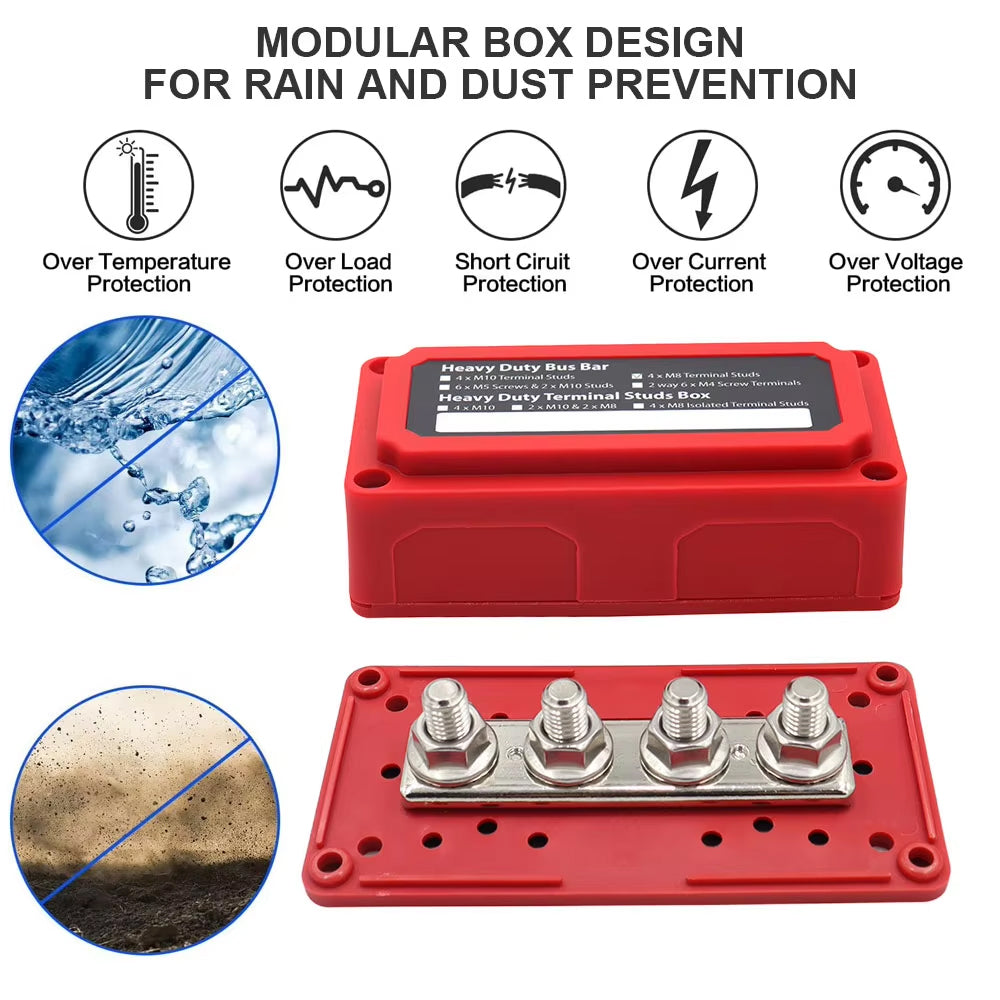 Red M10 Bus Bar 12-48V 300A Power Distribution Block 4 x M10 Studs Terminals