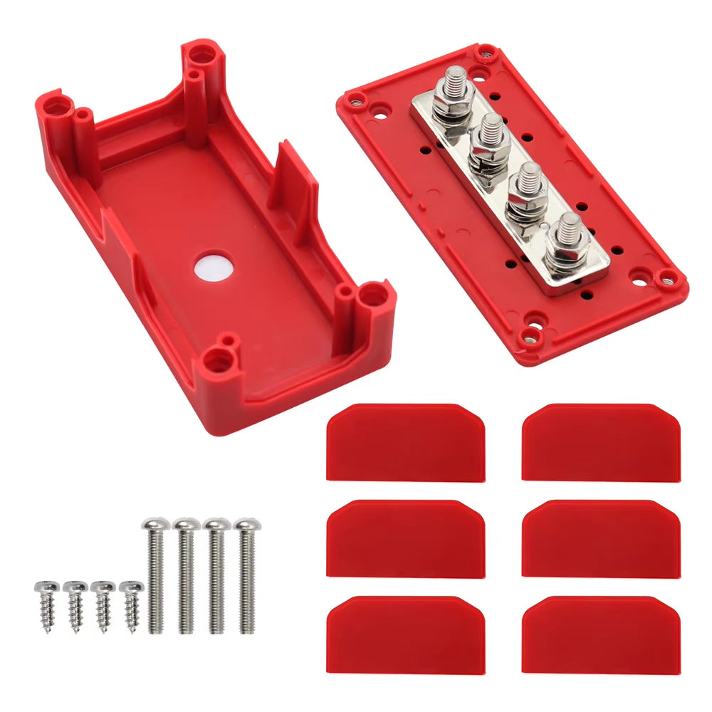 Red M10 Bus Bar 12-48V 300A Power Distribution Block 4 x M10 Studs Terminals
