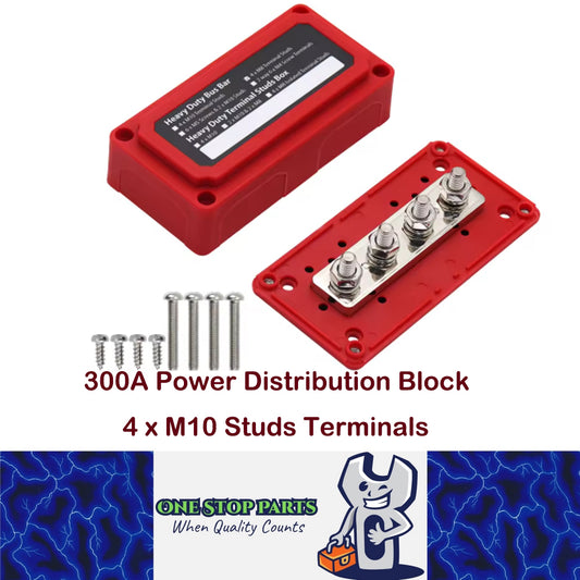 Red M10 Bus Bar 12-48V 300A Power Distribution Block 4 x M10 Studs Terminals
