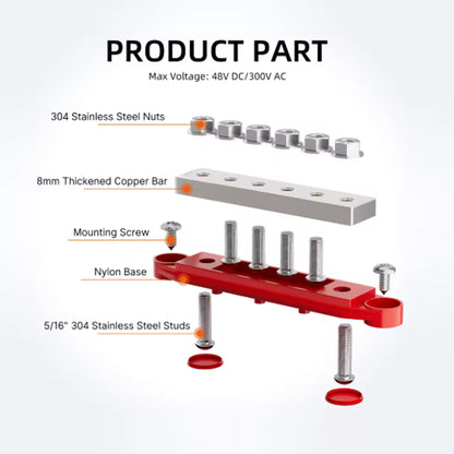 Dual M8 Bus Bar 12V-48V 400A Power Distribution Block 6xM8 Posts Studs Terminals