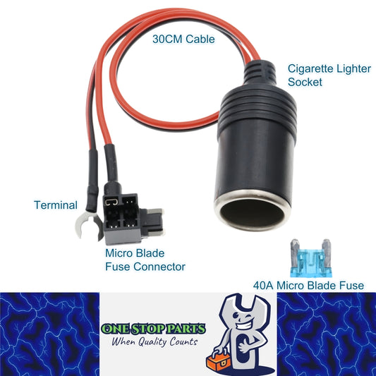 Micro Blade fuse Connector Cigarette Lighter Socket Adapter 30CM Cable 40A Fuse